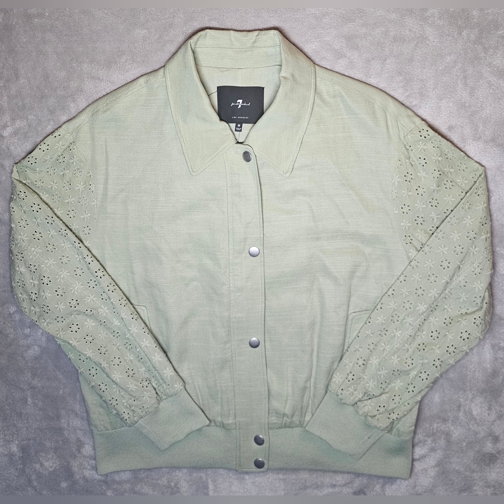 7 For All Mankind Eyelet Sleeve‎ Bomber Jacket Medium  Embroidered  Green Snaps